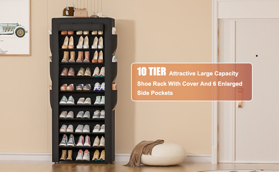 OYREL Large Shoe Rack, Black, 6 Side Pockets, 23.6" Wide x 11.4" Deep x 68.9" Tall, 36-41 Pairs of Shoes