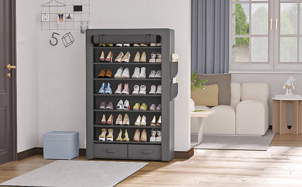 OYREL Large Capacity 8 Tier Shoe Organizer, Grey, Metal Pipe and Fabric, Holds 32-40 Pairs of Shoes