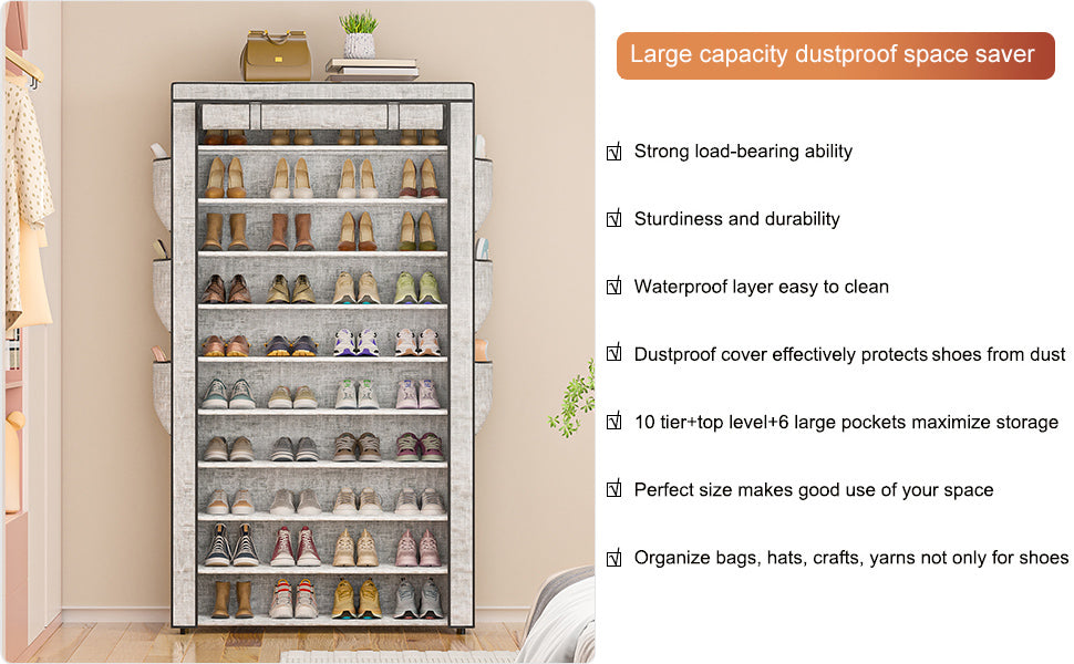 OYREL Shoe Rack 10Tier Large Capacity 50-56Pairs Beautiful Tall Shoe Shelf Free Standing Storage Cabinet Entryway Closet