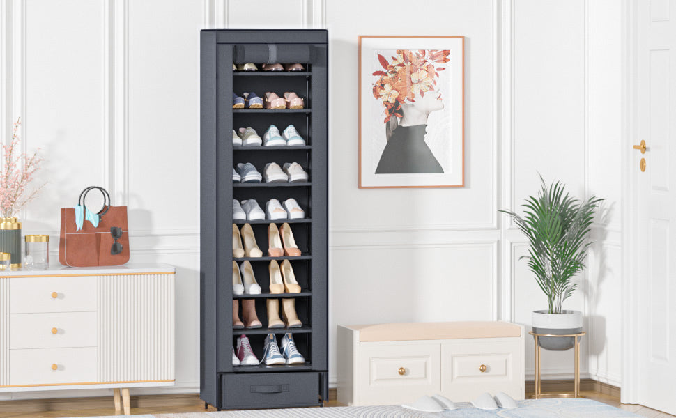 OYREL Shoes Rack 10 Tier Tall Narrow Shoe Rack with Bin Covered Shoe Shelf Storage Organizer Closet Stackable Shoe Stand