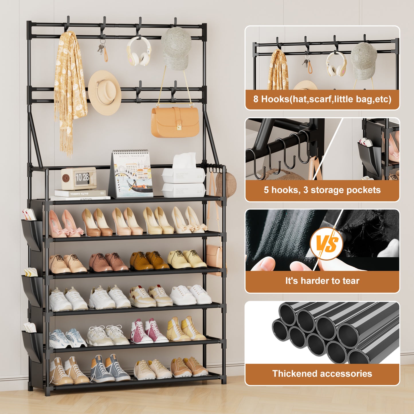 OYREL Shoe Rack 6 Tier Shoes Organizer 24-30 Pairs Shoe Racks for Closet Front Door Entrance Large Capacity Space Saving Shoe Storage Organizer with Multifunctional 5 Hooks and Side Pocket