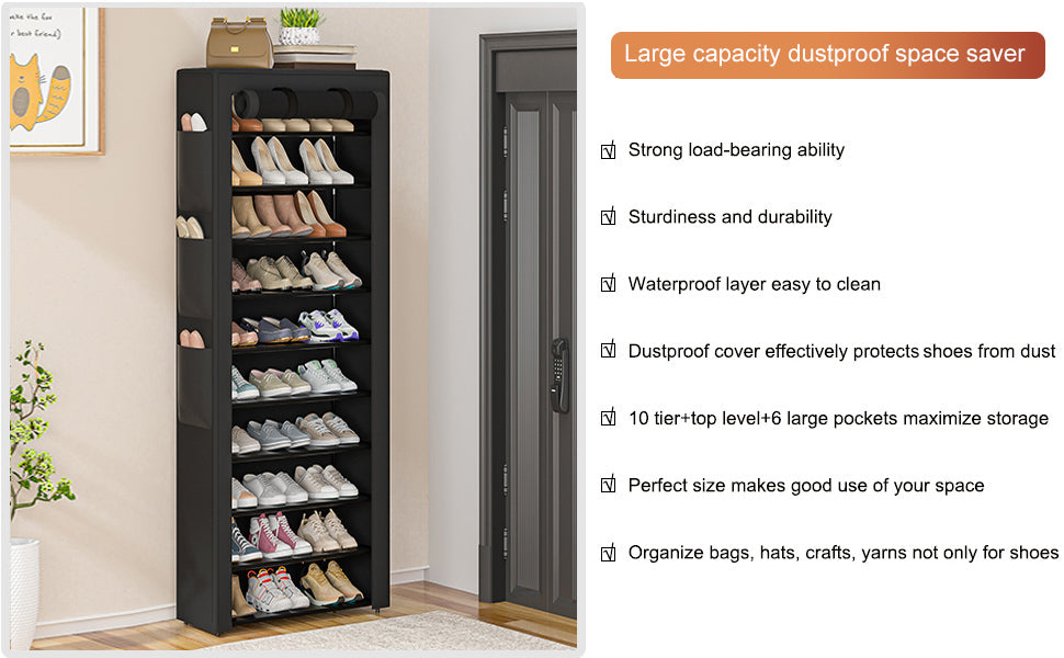 OYREL Large Shoe Rack, Black, 6 Side Pockets, 23.6" Wide x 11.4" Deep x 68.9" Tall, 36-41 Pairs of Shoes