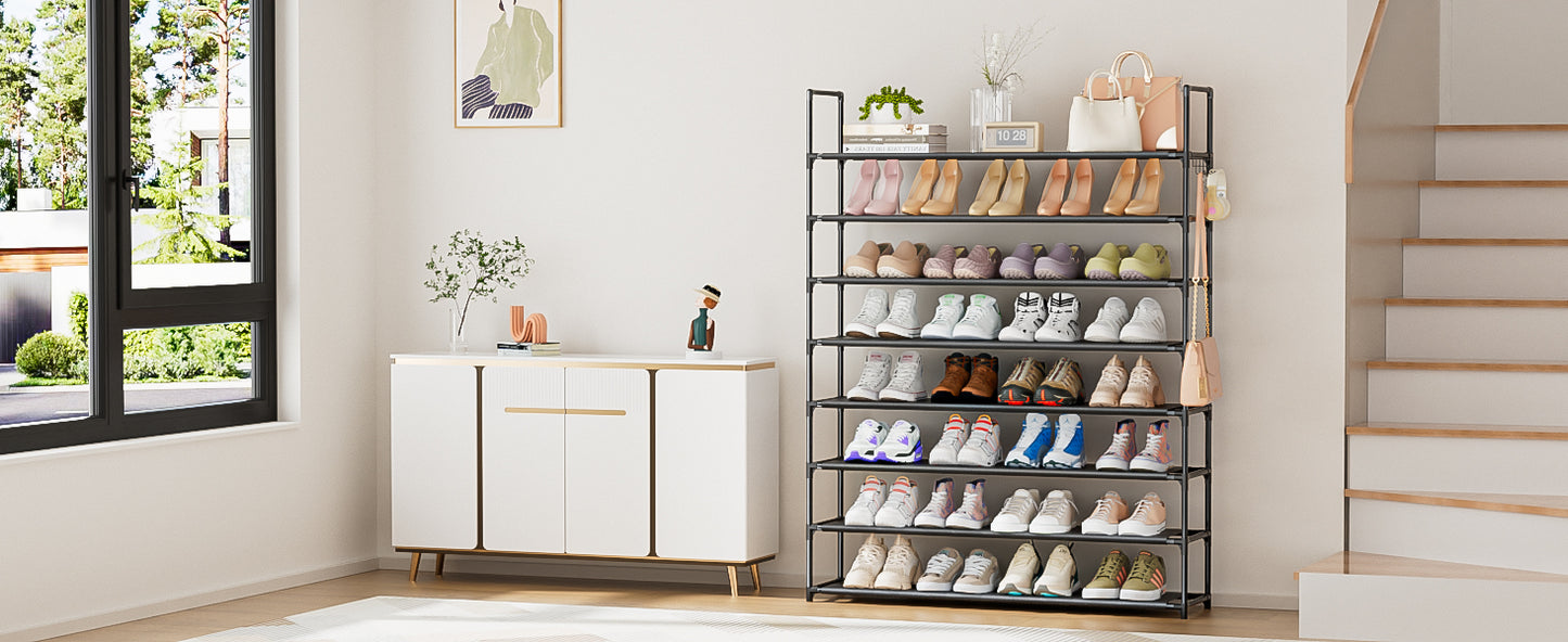 8 Tier Shoe Organizer, 33.3in Wide x 11.2in Deep x 55.7in Tall, Black Metal and Plastic Shoe Rack, Holds up to 32-40 Pairs of Shoes