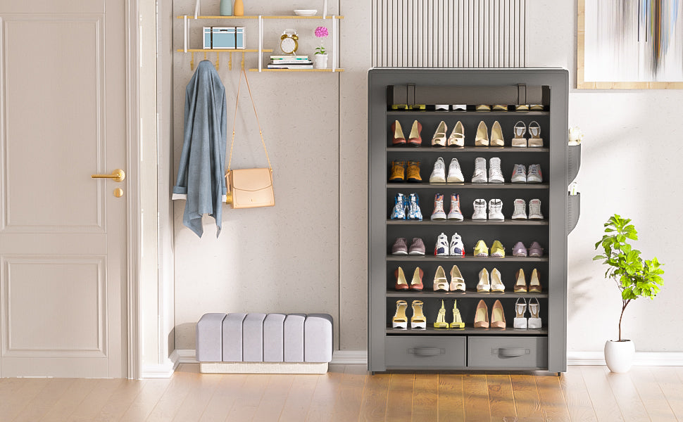 OYREL Large Capacity 8 Tier Shoe Organizer, Grey, Metal Pipe and Fabric, Holds 32-40 Pairs of Shoes