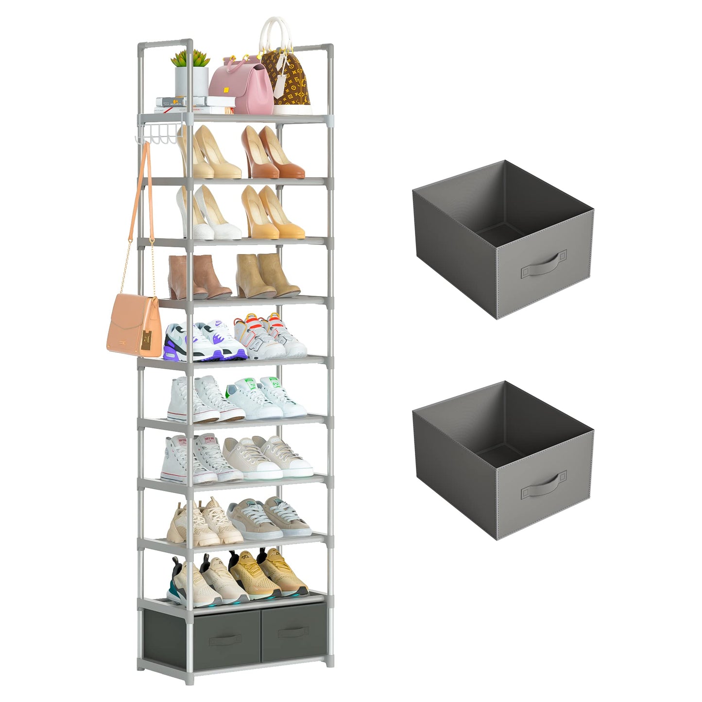 OYREL Sturdy Metal Narrow Shoe Rack Organizer for Closets,Shoe Stand,Shoe Shelf (10 Tier with 2 Boxes and 1 Hook)