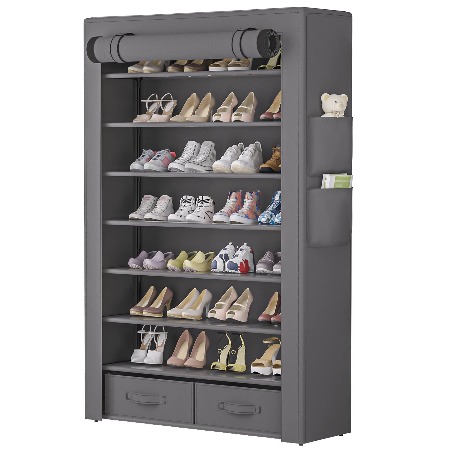 OYREL Large Capacity 8 Tier Shoe Organizer, Grey, Metal Pipe and Fabric, Holds 32-40 Pairs of Shoes