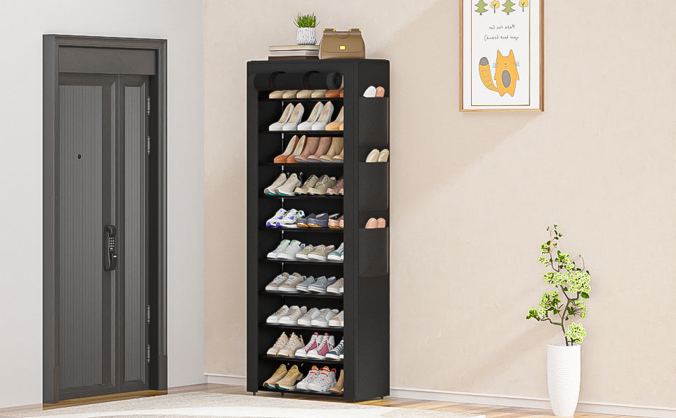 OYREL Large Shoe Rack, Black, 6 Side Pockets, 23.6" Wide x 11.4" Deep x 68.9" Tall, 36-41 Pairs of Shoes