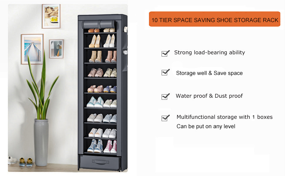 OYREL Shoes Rack 10 Tier Tall Narrow Shoe Rack with Bin Covered Shoe Shelf Storage Organizer Closet Stackable Shoe Stand