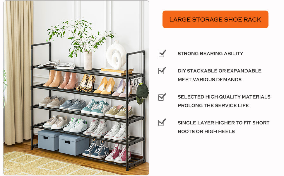 OYREL Shoe Rack for Closet Sturdy Storage Metal Organizer Entryway Shoes Over The Door Shelf Zapateras Free Standing Racks, Large, Black, 5 TIER