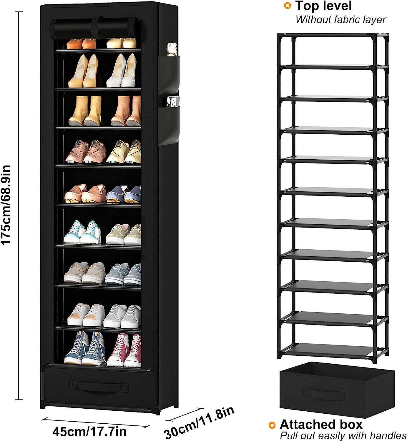 OYREL Narrow Shoe Rack 10 Tier Tall with Storage Box,Fabric Covered Metal Shoe Rack Organizer for Closets ,17.7"L 11.8"W 68.9"H