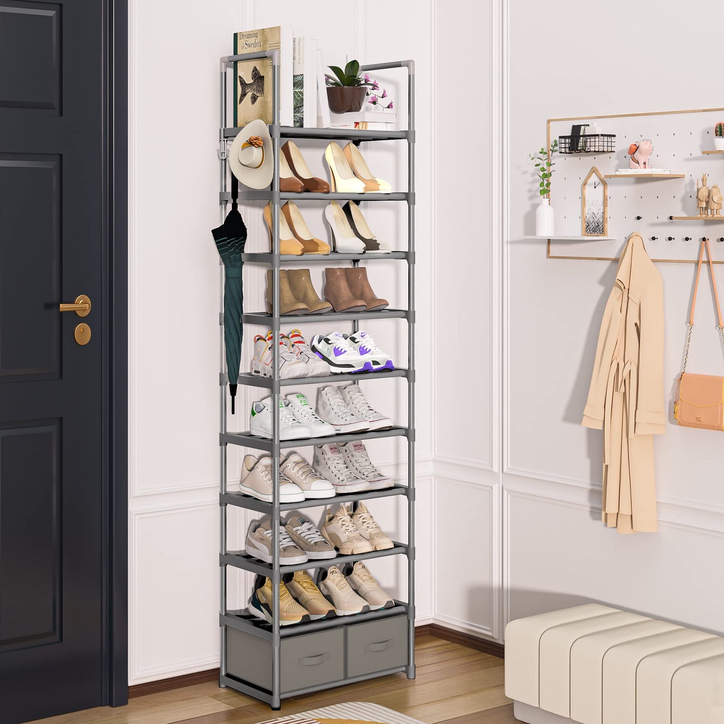 OYREL Sturdy Metal Narrow Shoe Rack Organizer for Closets,Shoe Stand,Shoe Shelf (10 Tier with 2 Boxes and 1 Hook)