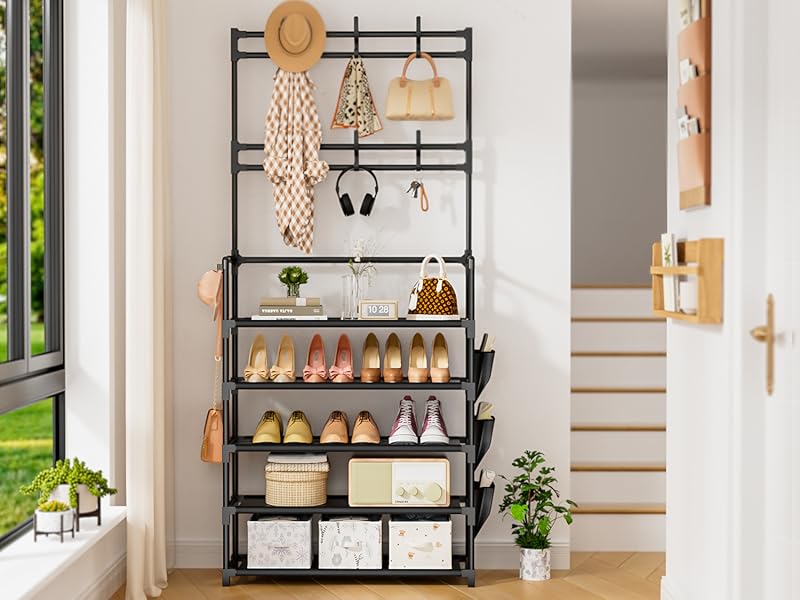 Shoe Rack 5 Tier Shoe Organizer Storage 15-20 Pairs Shoes Rack for Closet Entrance Shoe Rack Organizer with Hooks and Side Pocket Entryway Shoe Holder Space Saving Free Standing Shoe Racks