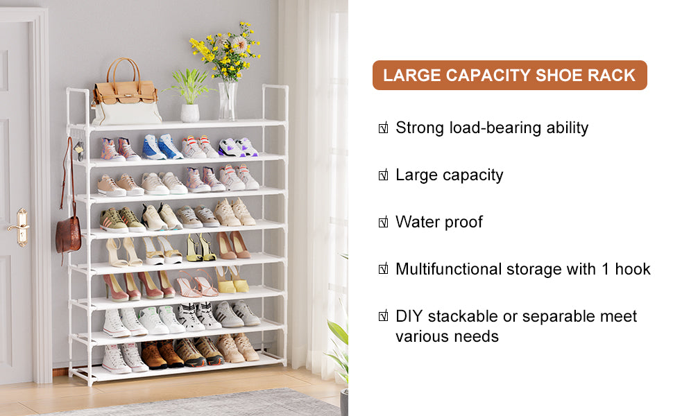 8 Tier Shoe Rack Organizer Large Shoe Storage Rack for Closet Entryway Shoe Holder Space Saving Shoe Shelf Shoe Stand Tall Shoe Tower Metal Shoe Rack Holds up to 32-40 Pairs of Shoes