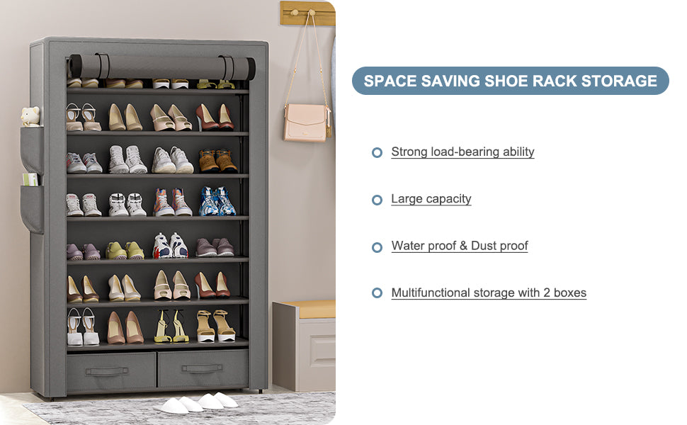 OYREL Large Capacity 8 Tier Shoe Organizer, Grey, Metal Pipe and Fabric, Holds 32-40 Pairs of Shoes