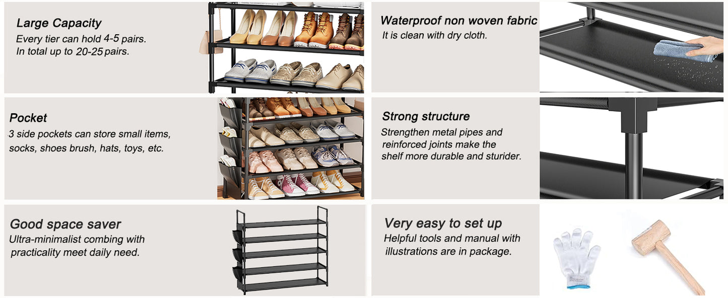 OYREL Shoe Rack 5 Tier Shoe Organizer Shoe Storage 20-25 Pairs Shoe Rack for Closet Shoe Rack Organizer Entryway Shoe Holder Space Saving Shoe Shelf Shoe Stand Large Tall Shoe Tower Garage Door