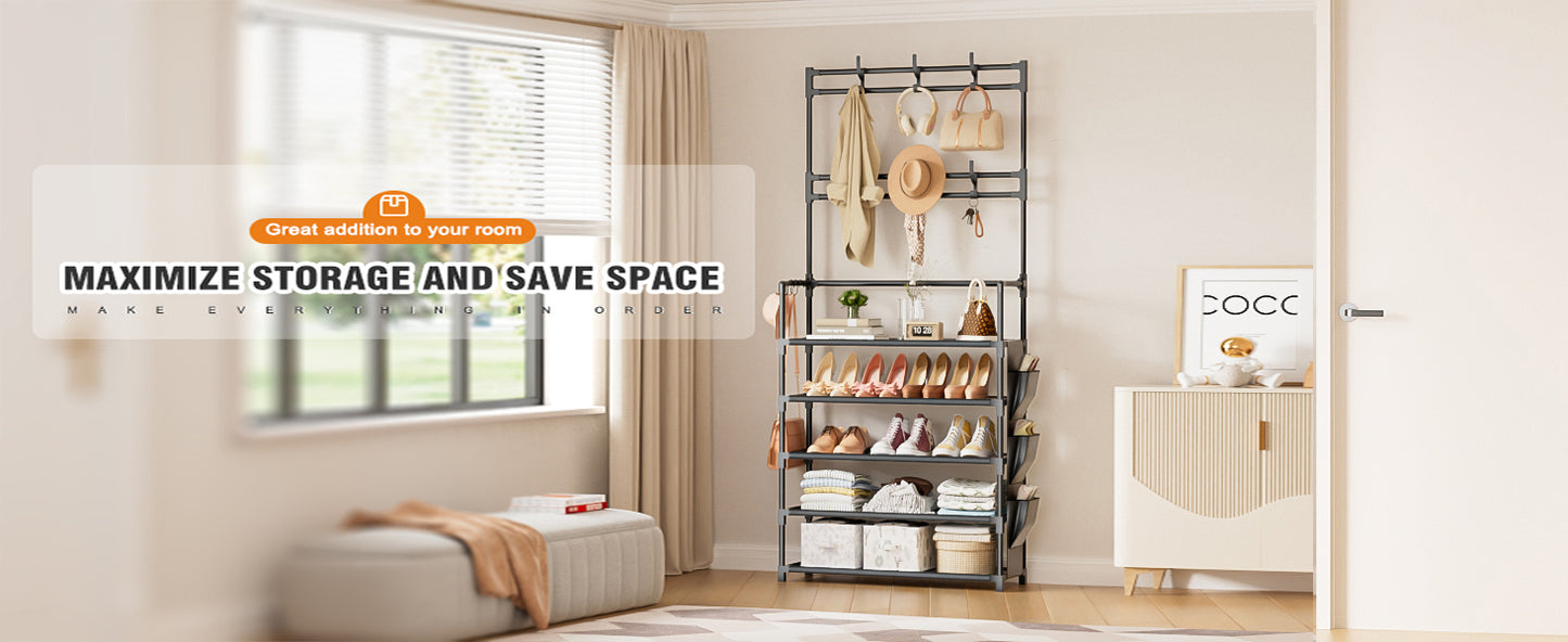 Shoe Rack 5 Tier Shoe Organizer Storage 15-20 Pairs Shoes Rack for Closet Entrance Shoe Rack Organizer with Hooks and Side Pocket Entryway Shoe Holder Space Saving Free Standing Shoe Racks