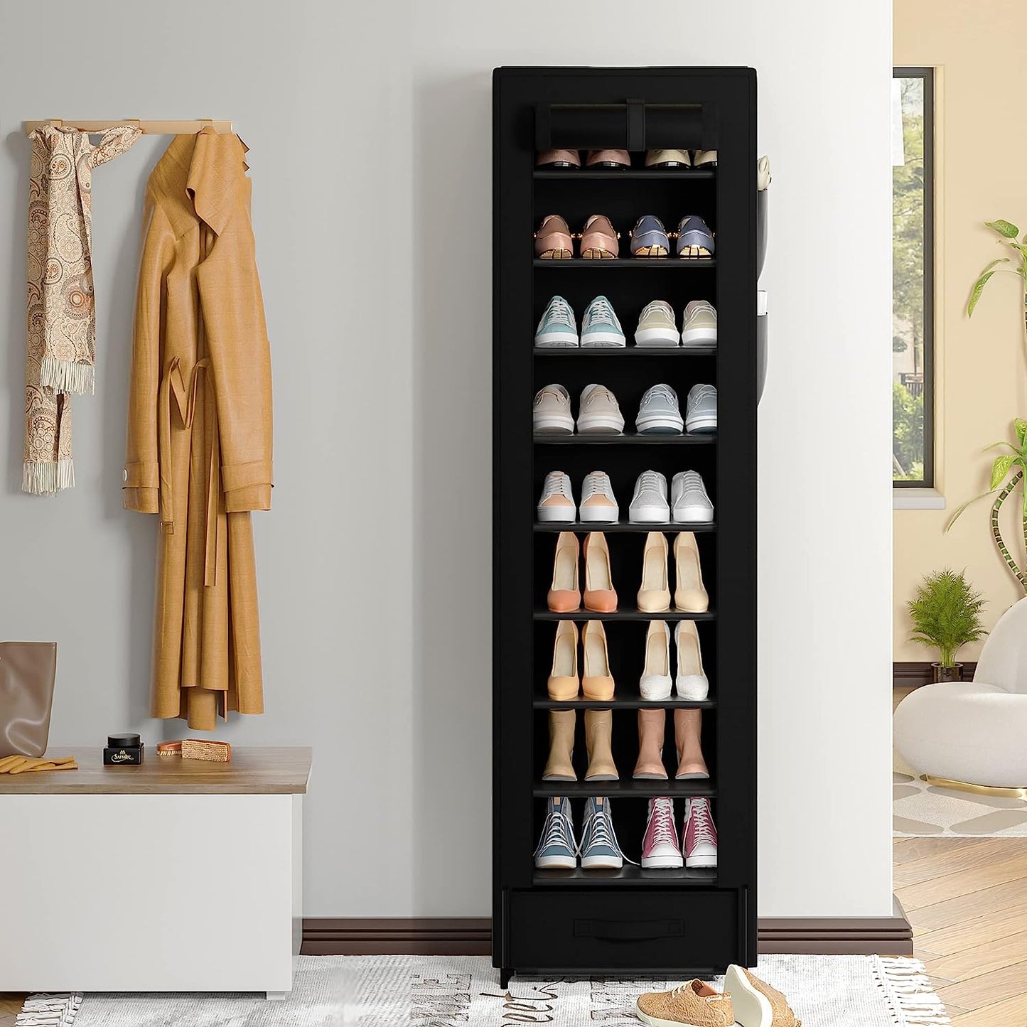 OYREL Narrow Shoe Rack 10 Tier Tall with Storage Box,Fabric Covered Metal Shoe Rack Organizer for Closets ,17.7"L 11.8"W 68.9"H