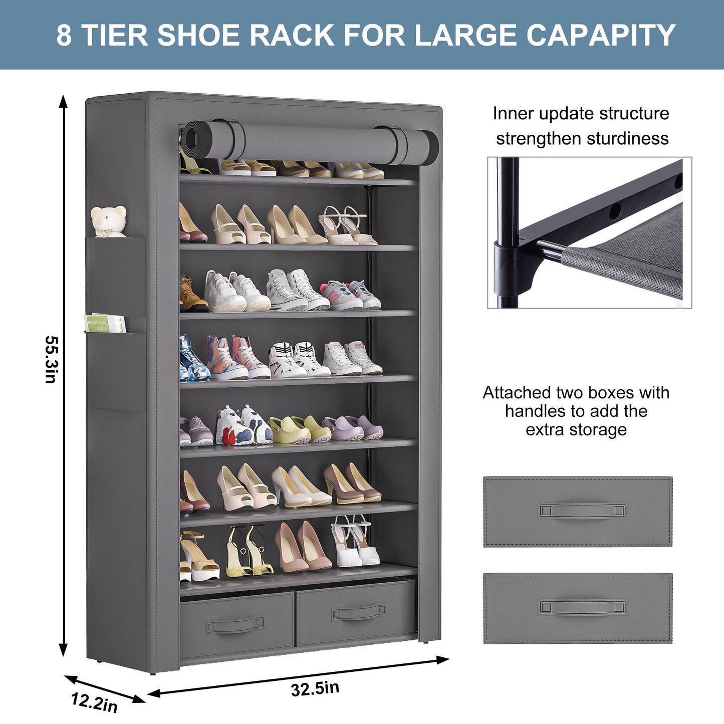 OYREL Large Capacity 8 Tier Shoe Organizer, Grey, Metal Pipe and Fabric, Holds 32-40 Pairs of Shoes