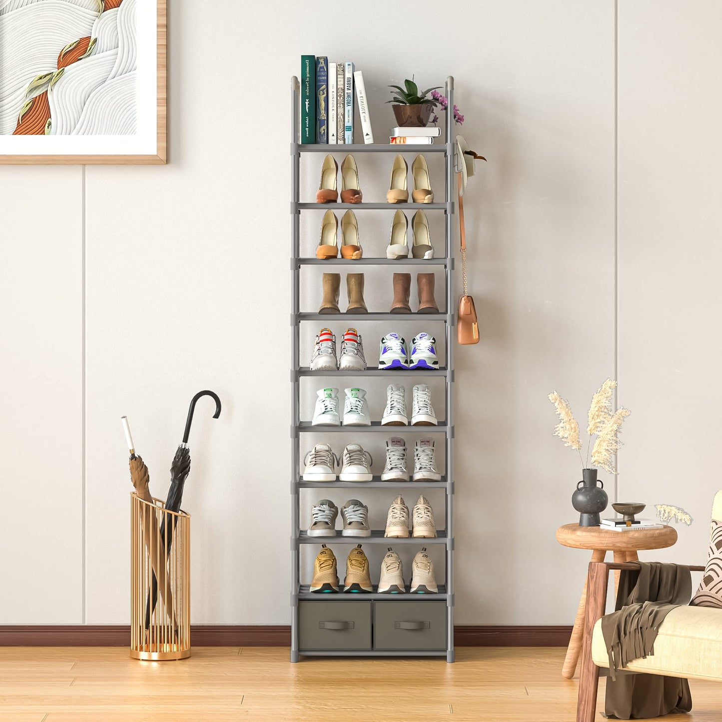 OYREL Sturdy Metal Narrow Shoe Rack Organizer for Closets,Shoe Stand,Shoe Shelf (10 Tier with 2 Boxes and 1 Hook)