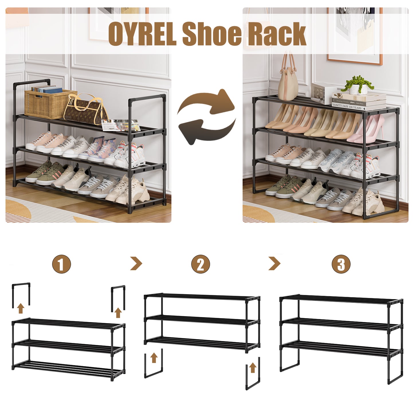 OYREL Shoe Rack for Closet Sturdy Storage Metal Organizer Entryway Shoes Over The Door Shelf Zapateras Free Standing Racks,3 Tier Large Rack, Black