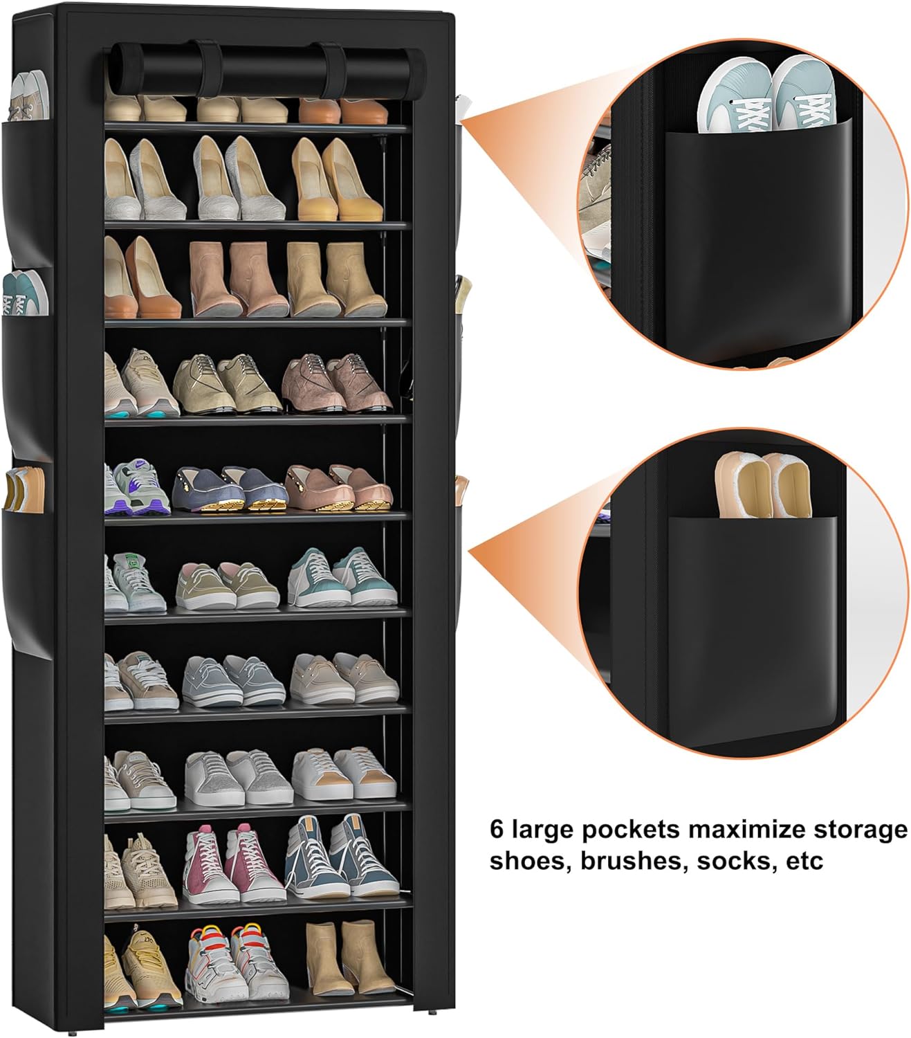 OYREL Large Shoe Rack, Black, 6 Side Pockets, 23.6" Wide x 11.4" Deep x 68.9" Tall, 36-41 Pairs of Shoes