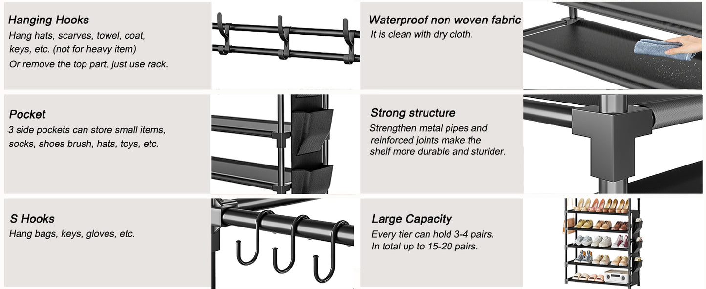 Shoe Rack 5 Tier Shoe Organizer Storage 15-20 Pairs Shoes Rack for Closet Entrance Shoe Rack Organizer with Hooks and Side Pocket Entryway Shoe Holder Space Saving Free Standing Shoe Racks