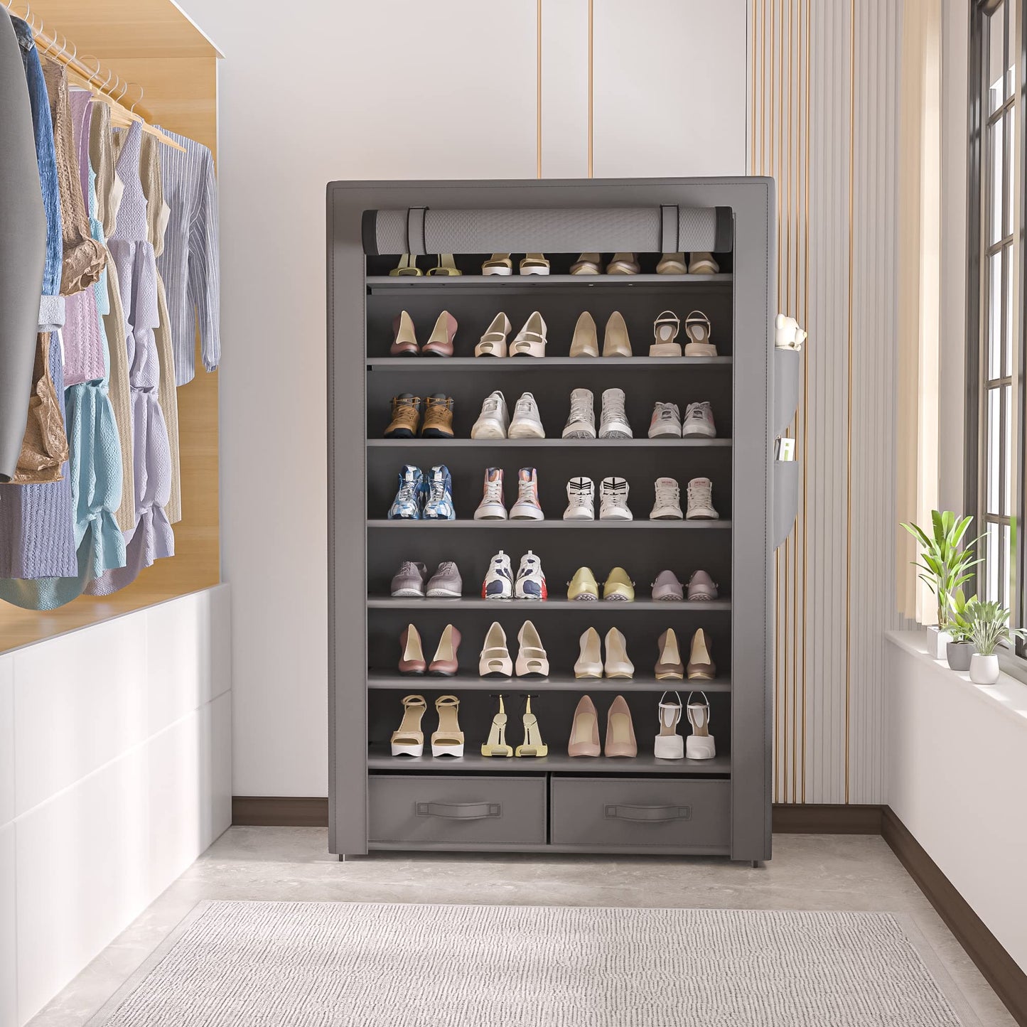 OYREL Large Capacity 8 Tier Shoe Organizer, Grey, Metal Pipe and Fabric, Holds 32-40 Pairs of Shoes