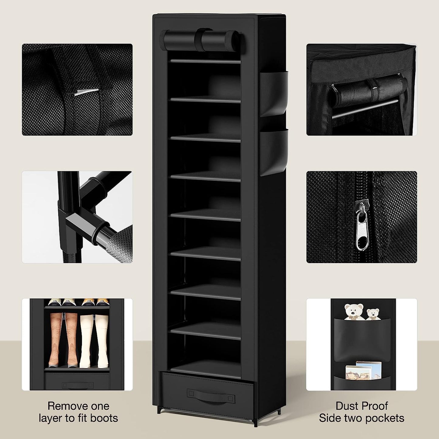 OYREL Narrow Shoe Rack 10 Tier Tall with Storage Box,Fabric Covered Metal Shoe Rack Organizer for Closets ,17.7"L 11.8"W 68.9"H