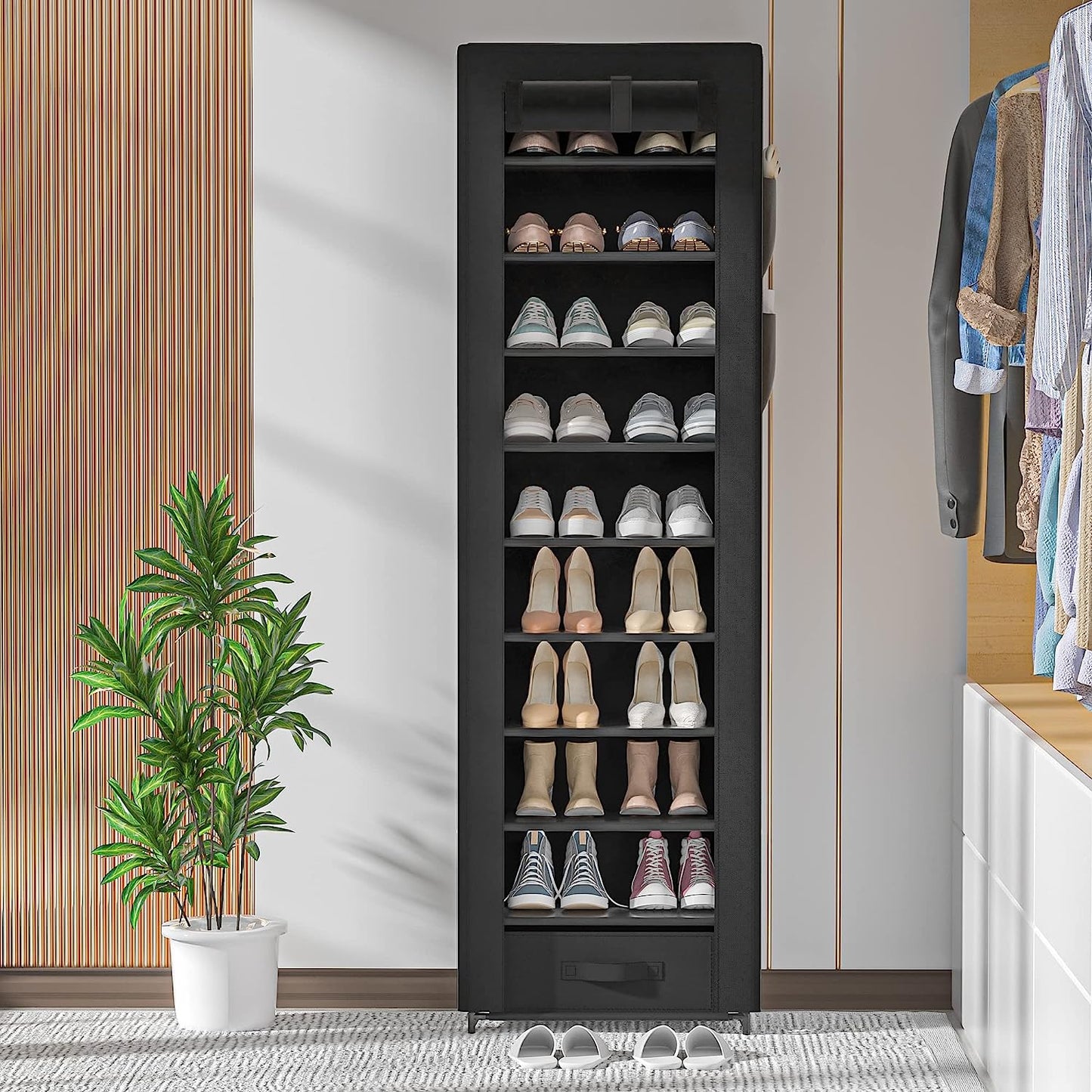 OYREL Narrow Shoe Rack 10 Tier Tall with Storage Box,Fabric Covered Metal Shoe Rack Organizer for Closets ,17.7"L 11.8"W 68.9"H