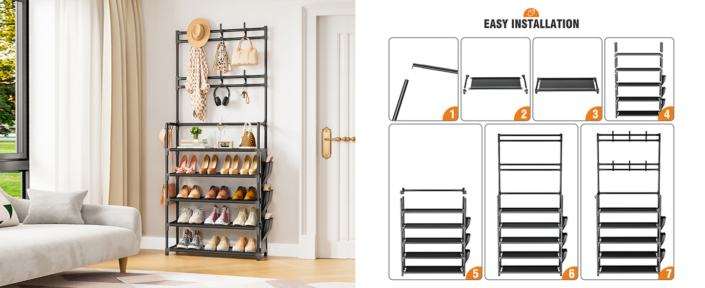 Shoe Rack 5 Tier Shoe Organizer Storage 15-20 Pairs Shoes Rack for Closet Entrance Shoe Rack Organizer with Hooks and Side Pocket Entryway Shoe Holder Space Saving Free Standing Shoe Racks