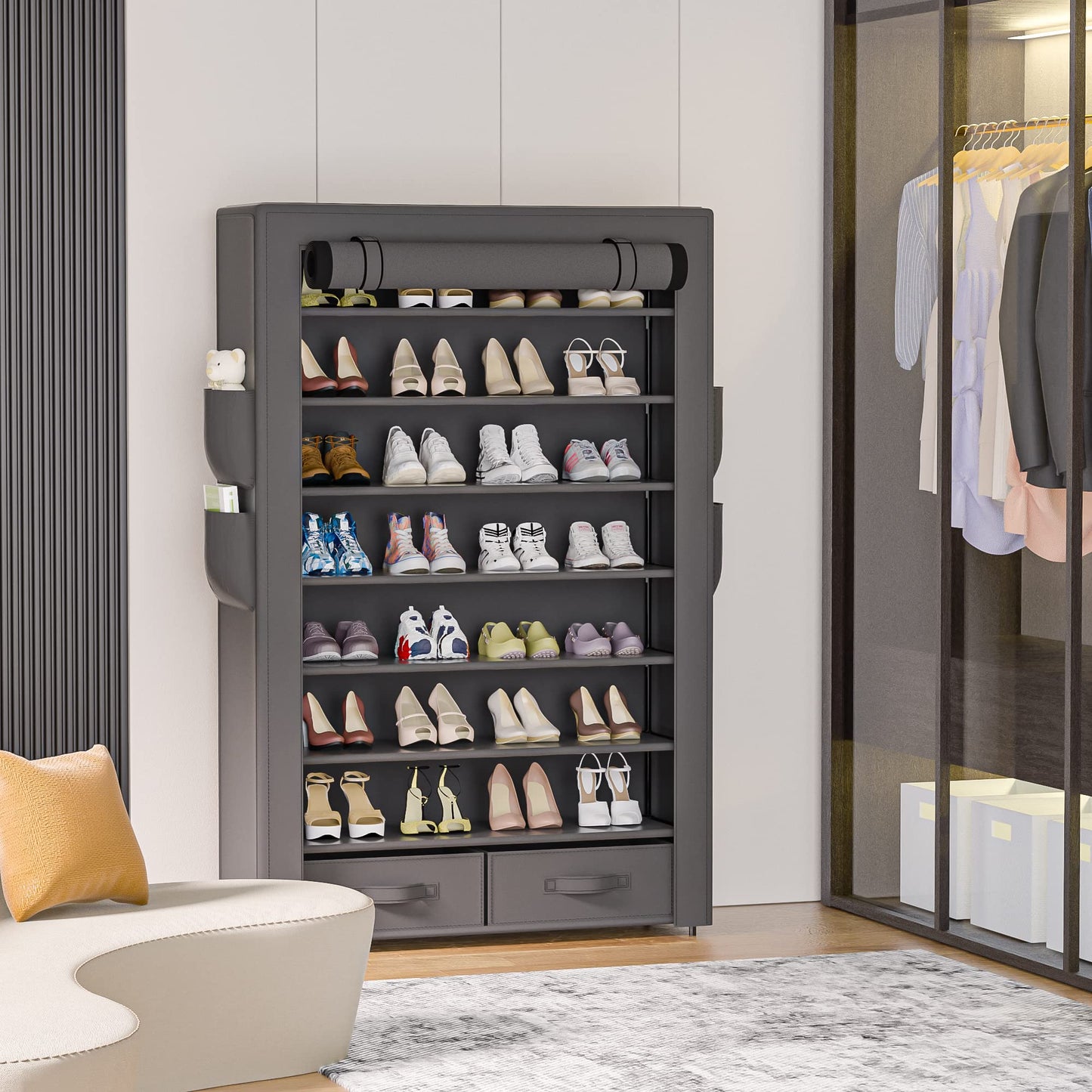 OYREL Large Capacity 8 Tier Shoe Organizer, Grey, Metal Pipe and Fabric, Holds 32-40 Pairs of Shoes
