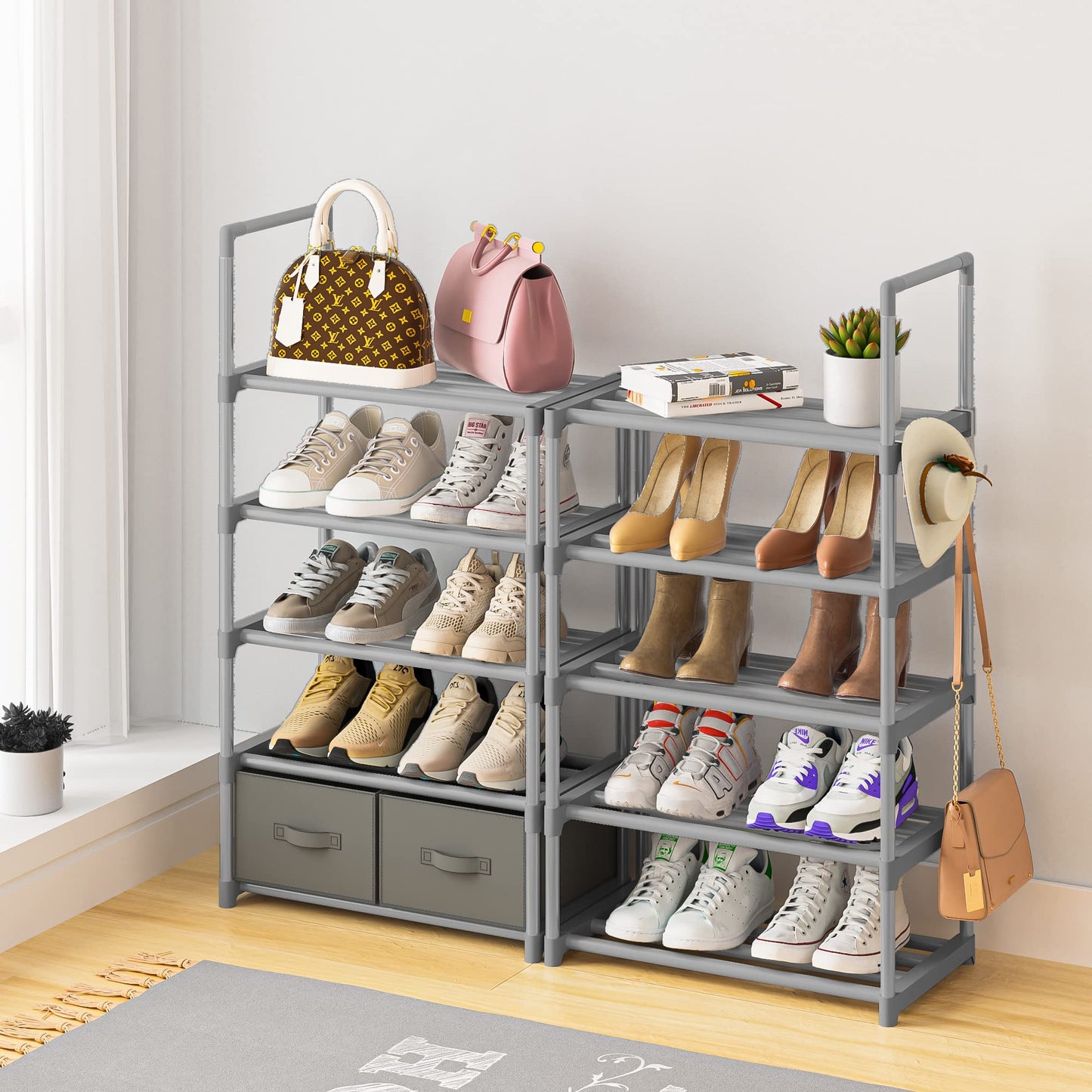 OYREL Sturdy Metal Narrow Shoe Rack Organizer for Closets,Shoe Stand,Shoe Shelf (10 Tier with 2 Boxes and 1 Hook)