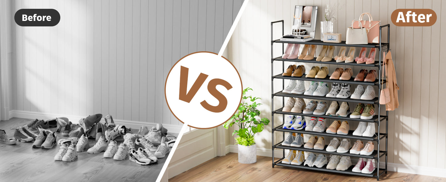 8 Tier Shoe Organizer, 33.3in Wide x 11.2in Deep x 55.7in Tall, Black Metal and Plastic Shoe Rack, Holds up to 32-40 Pairs of Shoes