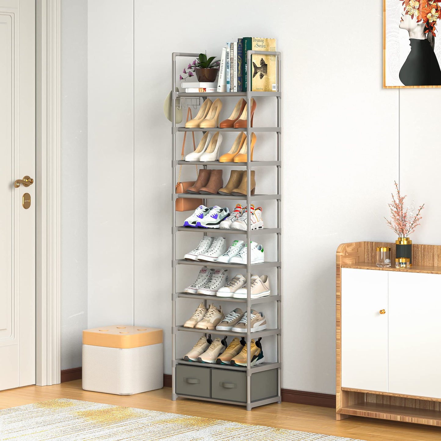 OYREL Sturdy Metal Narrow Shoe Rack Organizer for Closets,Shoe Stand,Shoe Shelf (10 Tier with 2 Boxes and 1 Hook)