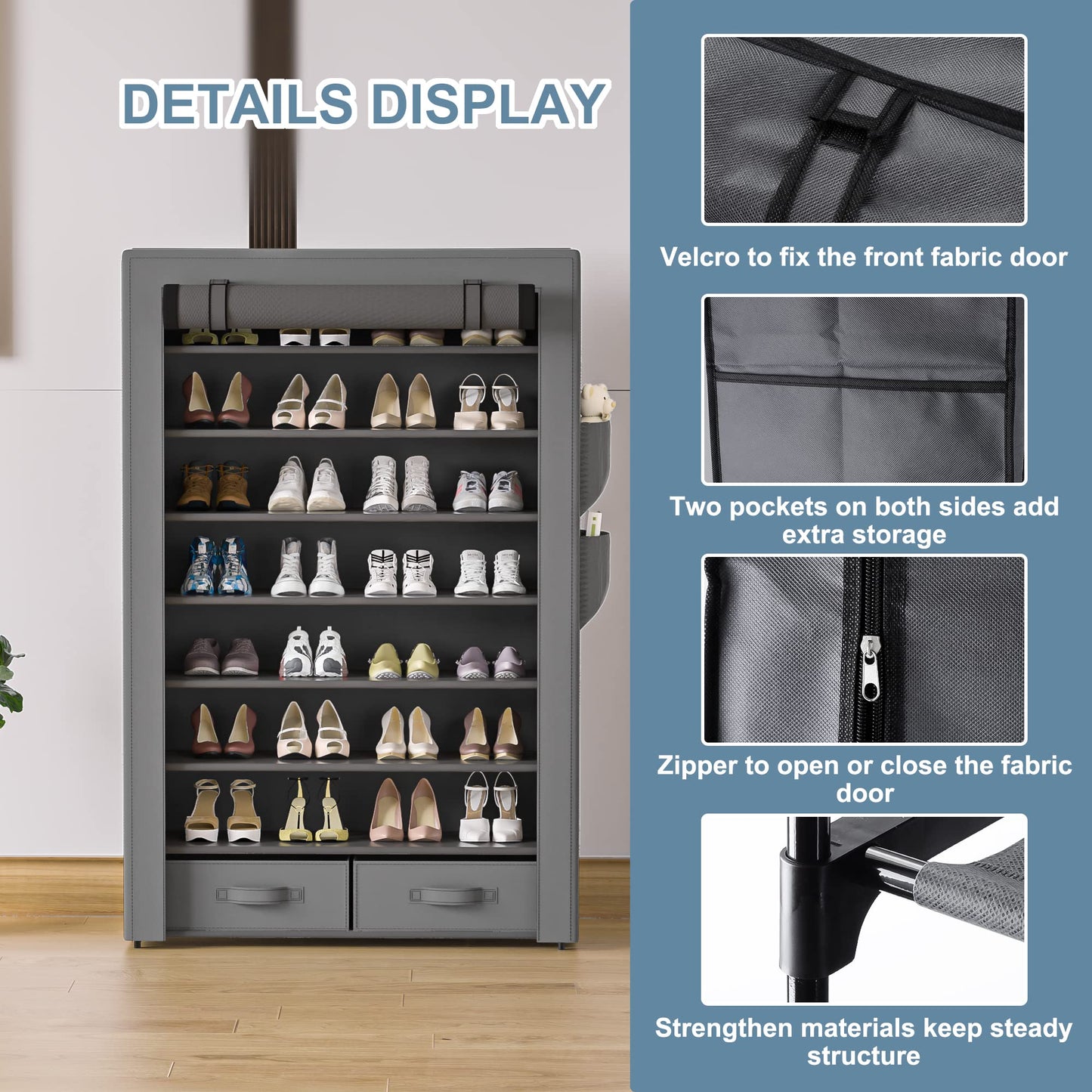 OYREL Large Capacity 8 Tier Shoe Organizer, Grey, Metal Pipe and Fabric, Holds 32-40 Pairs of Shoes