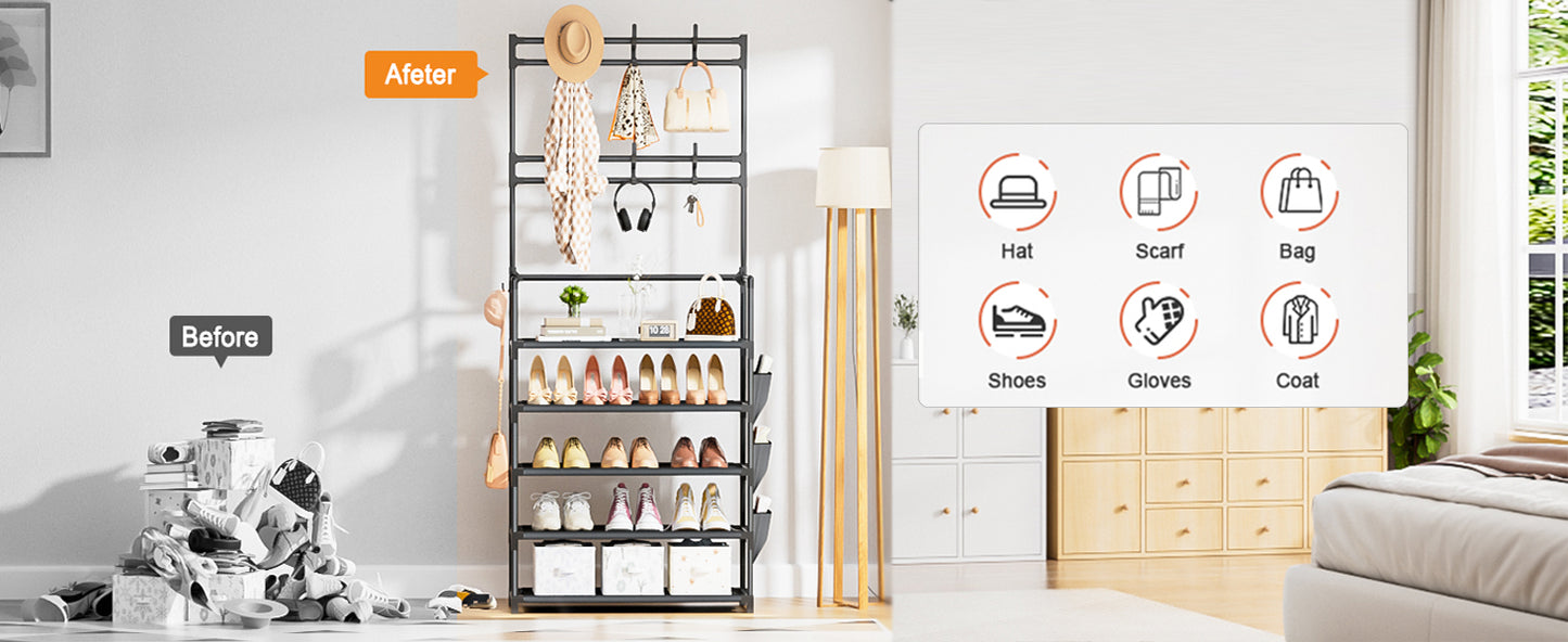 Shoe Rack 5 Tier Shoe Organizer Storage 15-20 Pairs Shoes Rack for Closet Entrance Shoe Rack Organizer with Hooks and Side Pocket Entryway Shoe Holder Space Saving Free Standing Shoe Racks