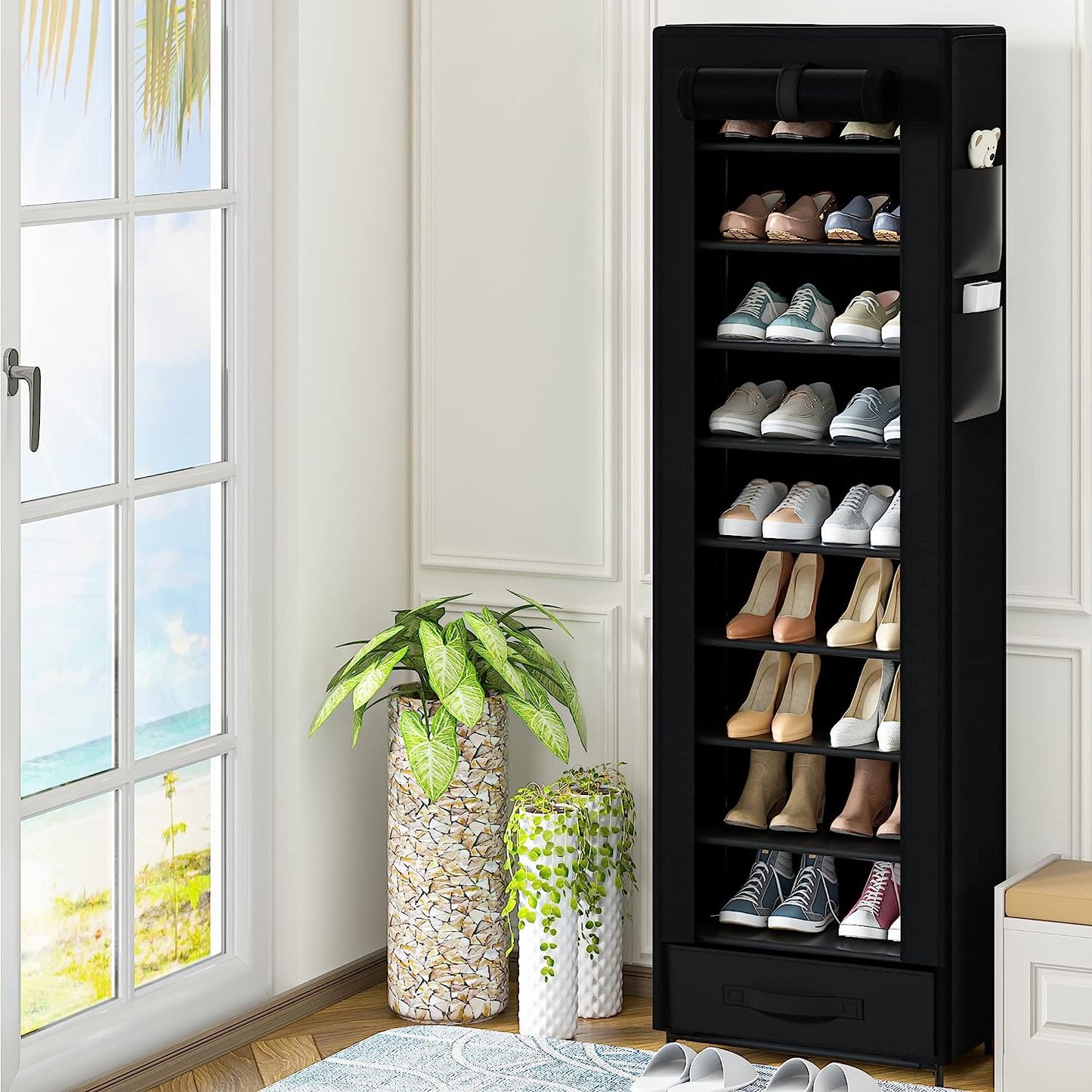 OYREL Narrow Shoe Rack 10 Tier Tall with Storage Box,Fabric Covered Metal Shoe Rack Organizer for Closets ,17.7"L 11.8"W 68.9"H