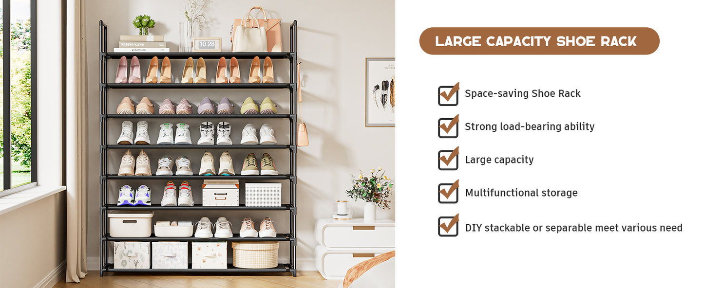 8 Tier Shoe Organizer, 33.3in Wide x 11.2in Deep x 55.7in Tall, Black Metal and Plastic Shoe Rack, Holds up to 32-40 Pairs of Shoes