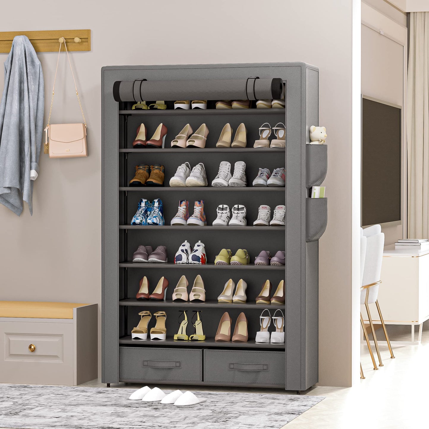 OYREL Large Capacity 8 Tier Shoe Organizer, Grey, Metal Pipe and Fabric, Holds 32-40 Pairs of Shoes
