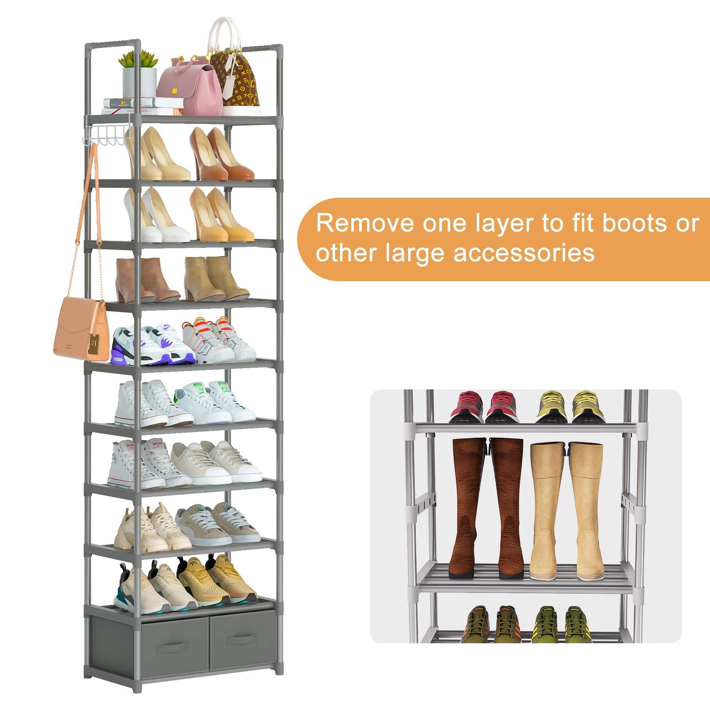 OYREL Sturdy Metal Narrow Shoe Rack Organizer for Closets,Shoe Stand,Shoe Shelf (10 Tier with 2 Boxes and 1 Hook)