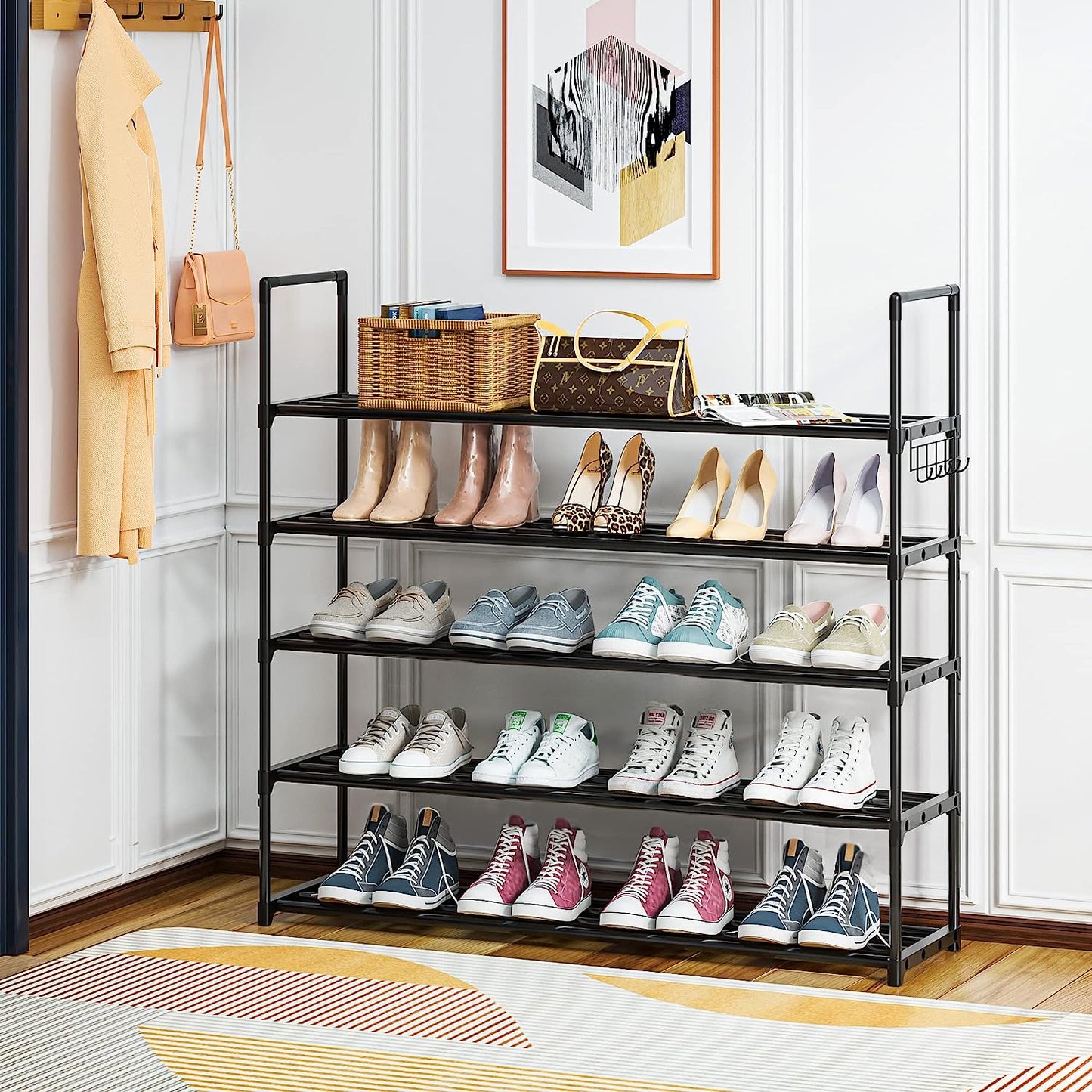 OYREL Shoe Rack for Closet Sturdy Storage Metal Organizer Entryway Shoes Over The Door Shelf Zapateras Free Standing Racks, Large, Black, 5 TIER