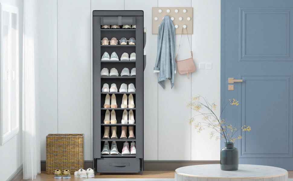 OYREL Shoes Rack 10 Tier Tall Narrow Shoe Rack with Bin Covered Shoe Shelf Storage Organizer Closet Stackable Shoe Stand