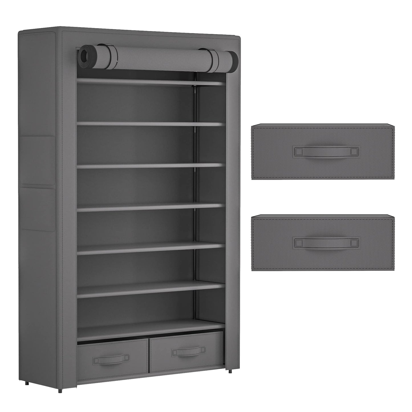OYREL Large Capacity 8 Tier Shoe Organizer, Grey, Metal Pipe and Fabric, Holds 32-40 Pairs of Shoes