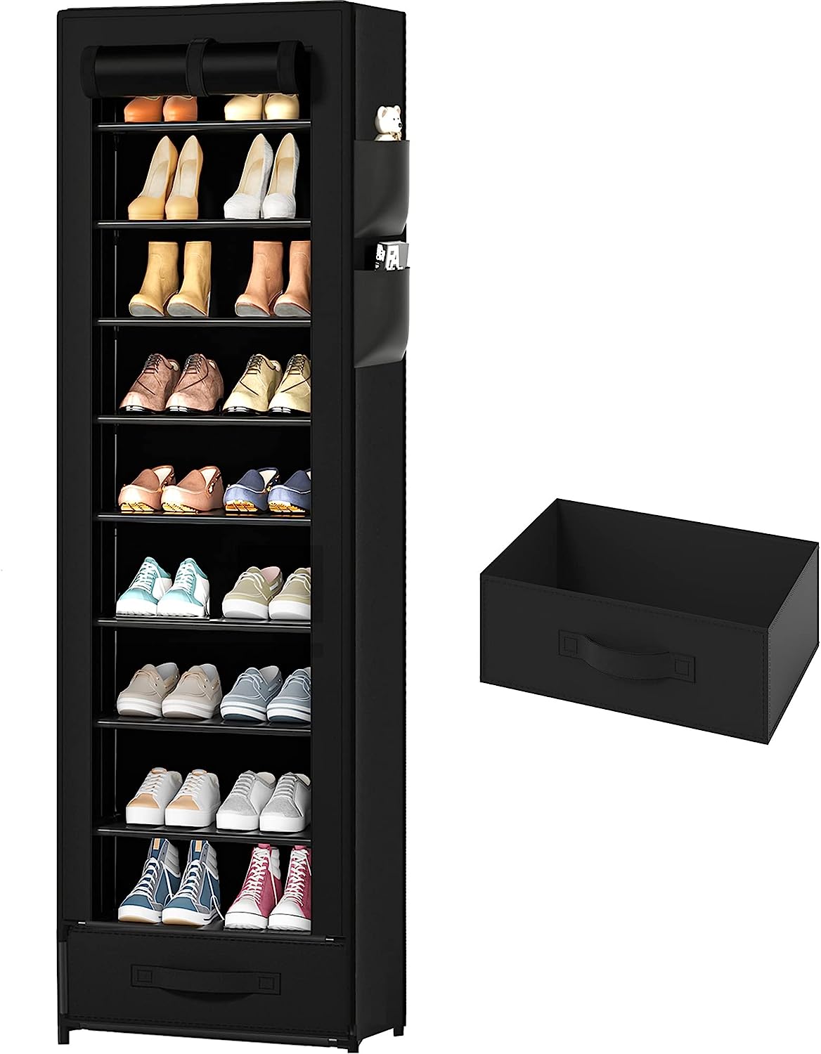 OYREL Narrow Shoe Rack 10 Tier Tall with Storage Box,Fabric Covered Metal Shoe Rack Organizer for Closets ,17.7"L 11.8"W 68.9"H