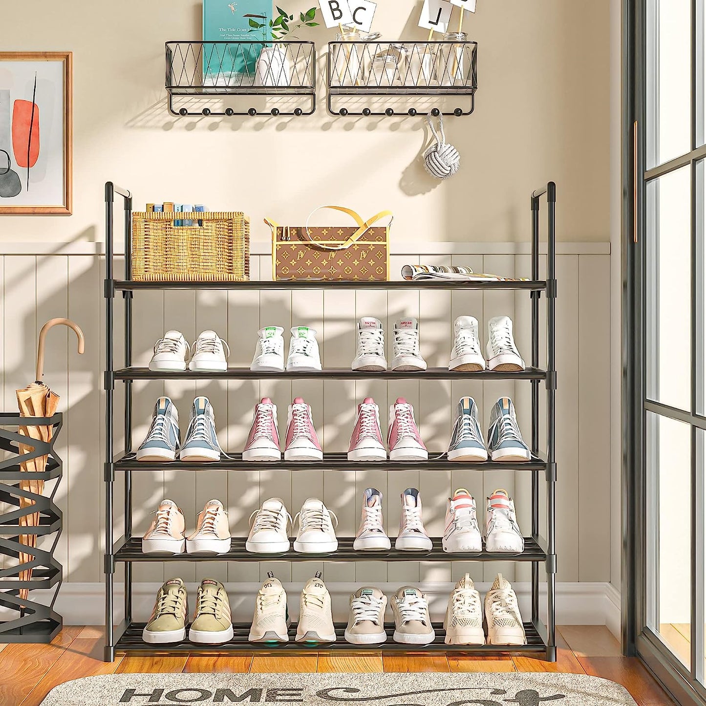 OYREL Shoe Rack for Closet Sturdy Storage Metal Organizer Entryway Shoes Over The Door Shelf Zapateras Free Standing Racks, Large, Black, 5 TIER