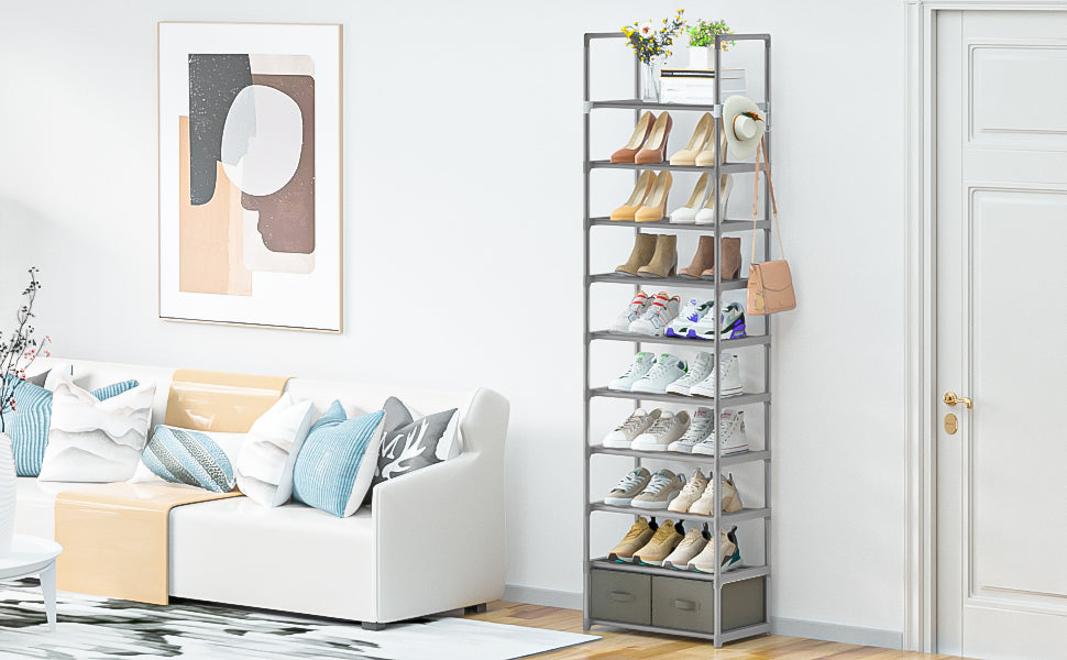 OYREL Shoe Rack, Sturdy Metal Shoes Rack Organizer,Narrow Shoe Rack,Shoe Racks for Closets,Shoes Rack,Shoe Stand,Shoe Shelf (10 Tier with 2 Boxes and 1 Hook)