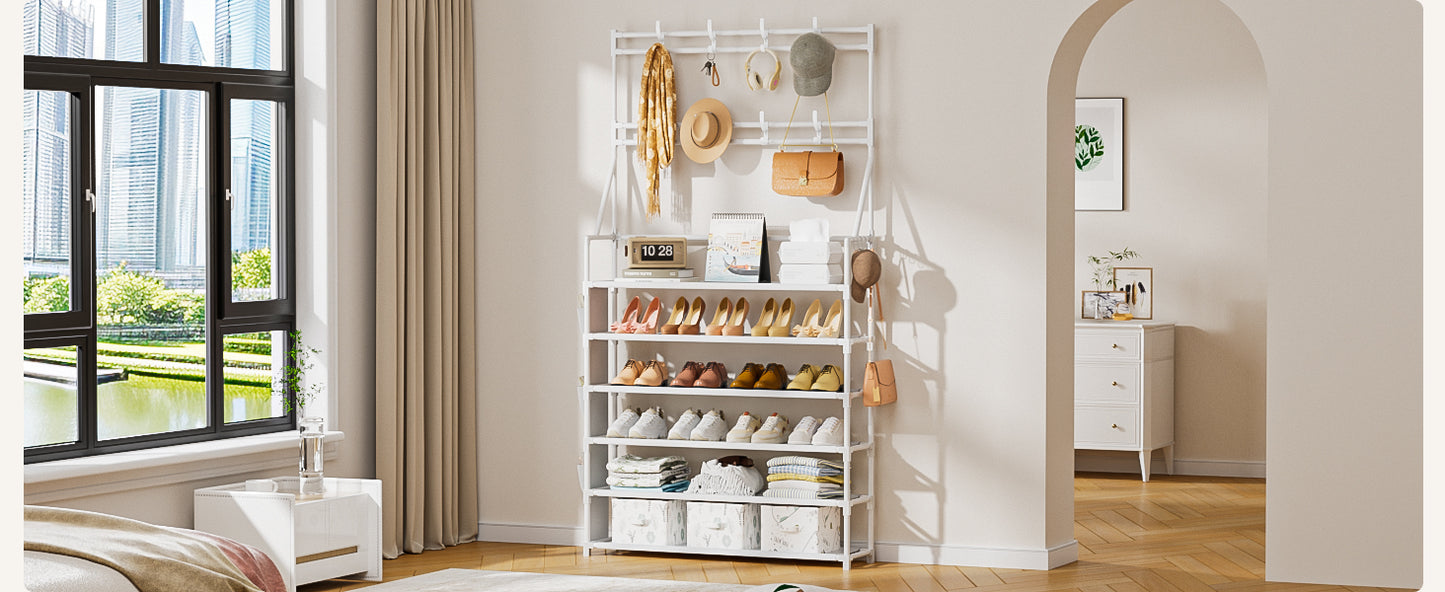 OYREL Shoe Rack 6 Tier Shoes Organizer 24-30 Pairs Shoe Racks for Closet Front Door Entrance Large Capacity Space Saving Shoe Storage Organizer with Multifunctional 5 Hooks and Side Pocket