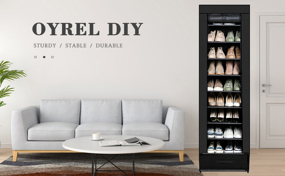 OYREL Narrow Shoe Rack 10 Tier Tall with Storage Box,Fabric Covered Metal Shoe Rack Organizer for Closets ,17.7"L 11.8"W 68.9"H