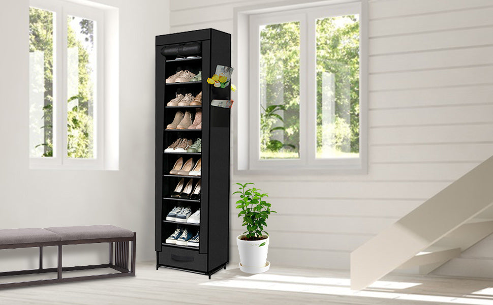 OYREL Narrow Shoe Rack 10 Tier Tall with Storage Box,Fabric Covered Metal Shoe Rack Organizer for Closets ,17.7"L 11.8"W 68.9"H