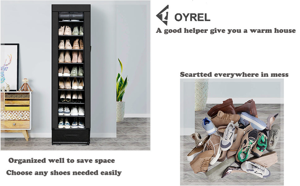 OYREL Narrow Shoe Rack 10 Tier Tall with Storage Box,Fabric Covered Metal Shoe Rack Organizer for Closets ,17.7"L 11.8"W 68.9"H